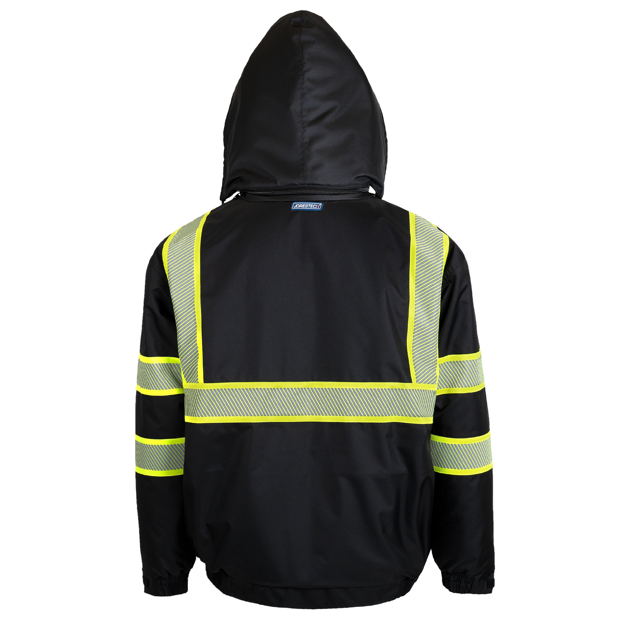 Hi-Vis Safety Jacket with Heat-Transfer Reflective Tapes and Removable Hood